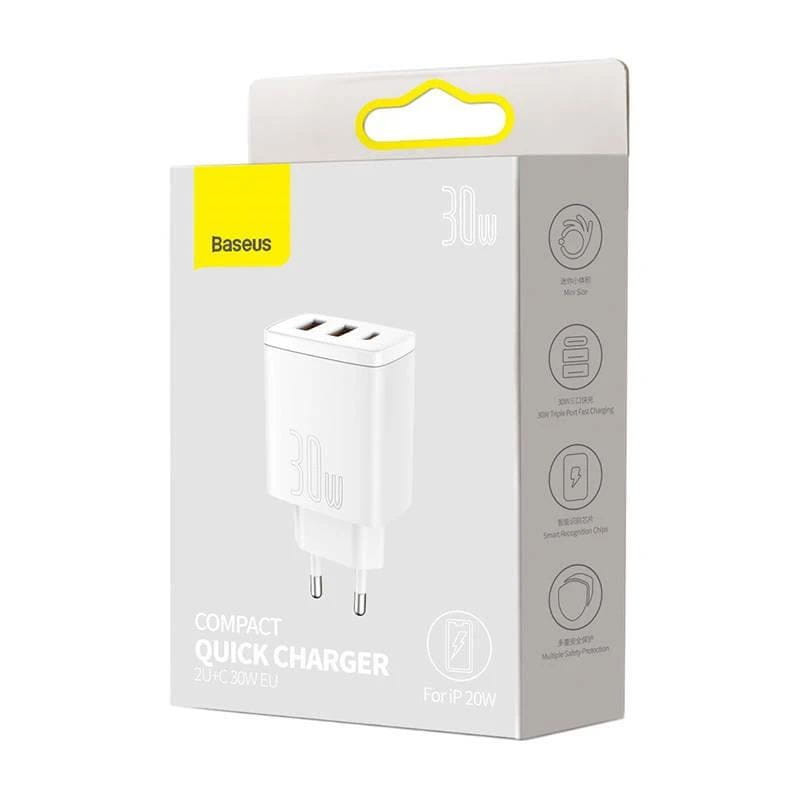 Baseus Compact Quick Charger 30W Blanco - Cargador de pared 2xUSB-A 1xUSB-C imagen de la caja