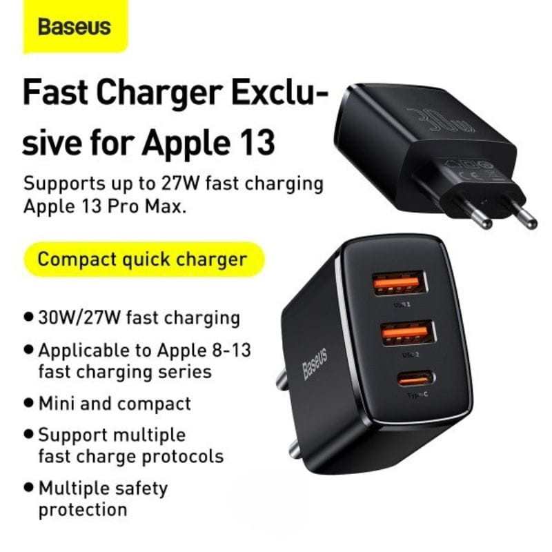 Baseus Compact Quick Charger 30W Blanco - Cargador de pared 2xUSB-A 1xUSB-C imagen delantera y trasera