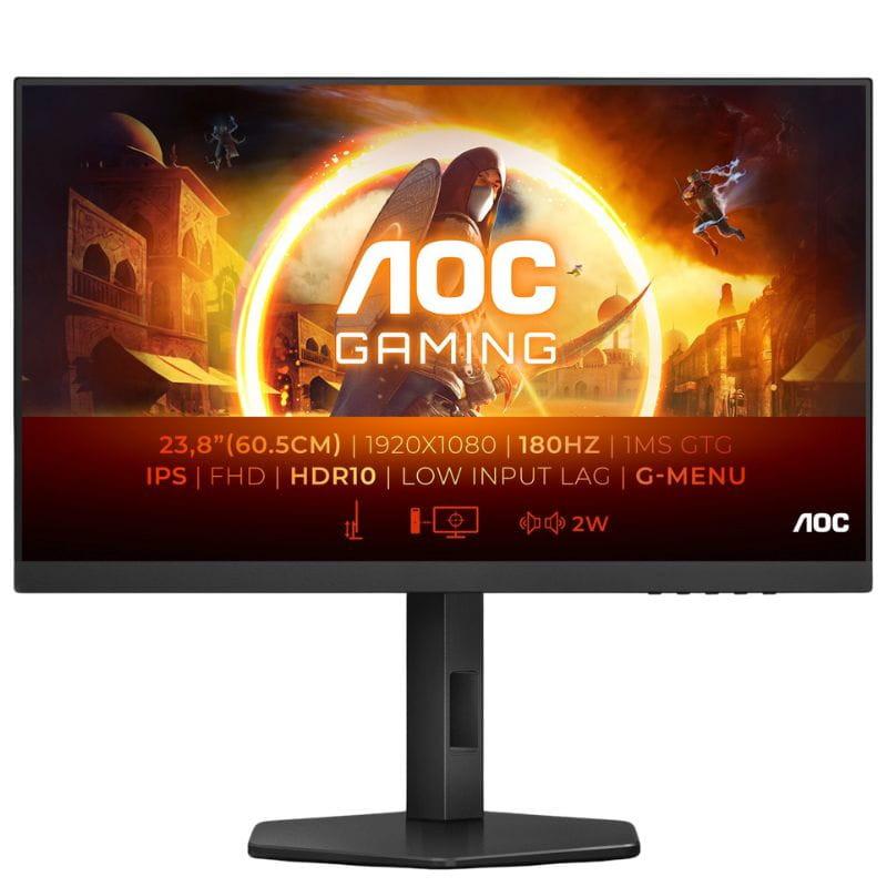 AOC 24G4XE 23,8" Full HD 180Hz G-SYNC Negro/Gris imagen frontal con características en la pantalla