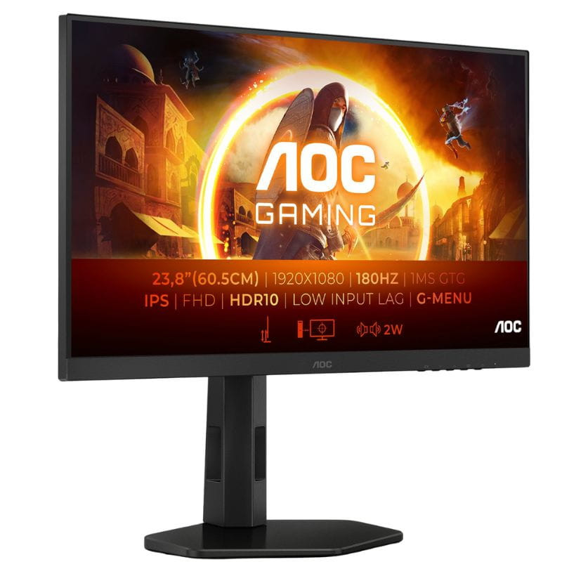 AOC 24G4XE 23,8" Full HD 180Hz G-SYNC Negro/Gris imagen  lateral con características en la pantalla
