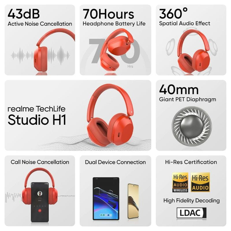 Auriculares Realme Techlife Studio H1 Rojo características