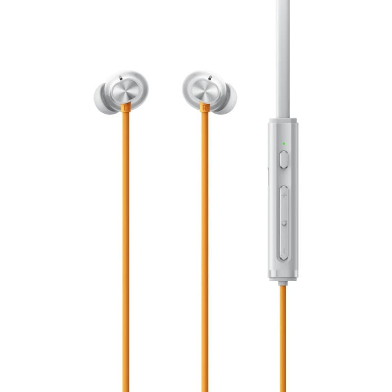 Realme Buds Wireless 5 ANC Plata  detalla de los auriculares y el mando en el cable