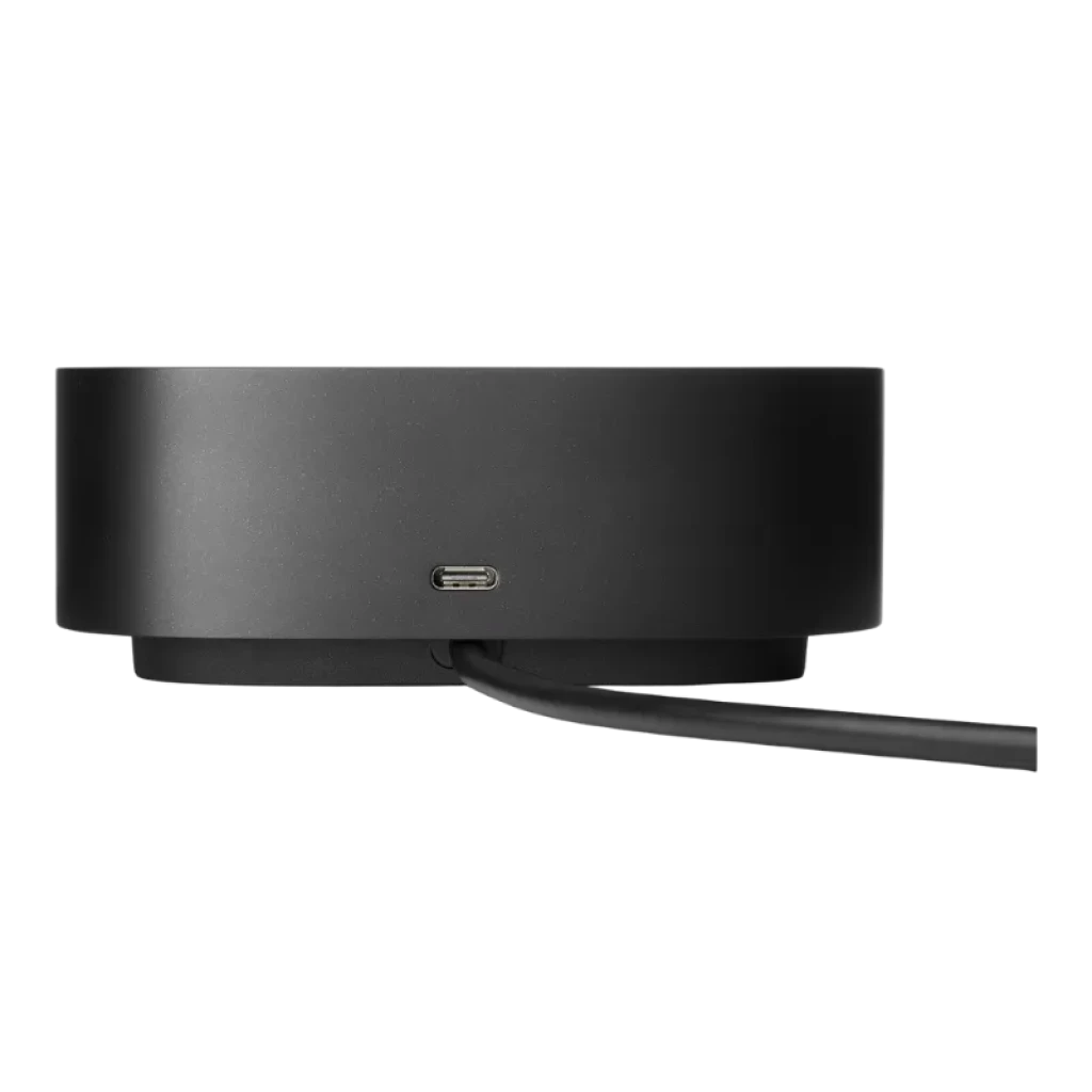 Hub HP Base USB-C G5 portable noir, design compact. Vue arrière avec port USB-C central et câble intégré pour une connexion rapide