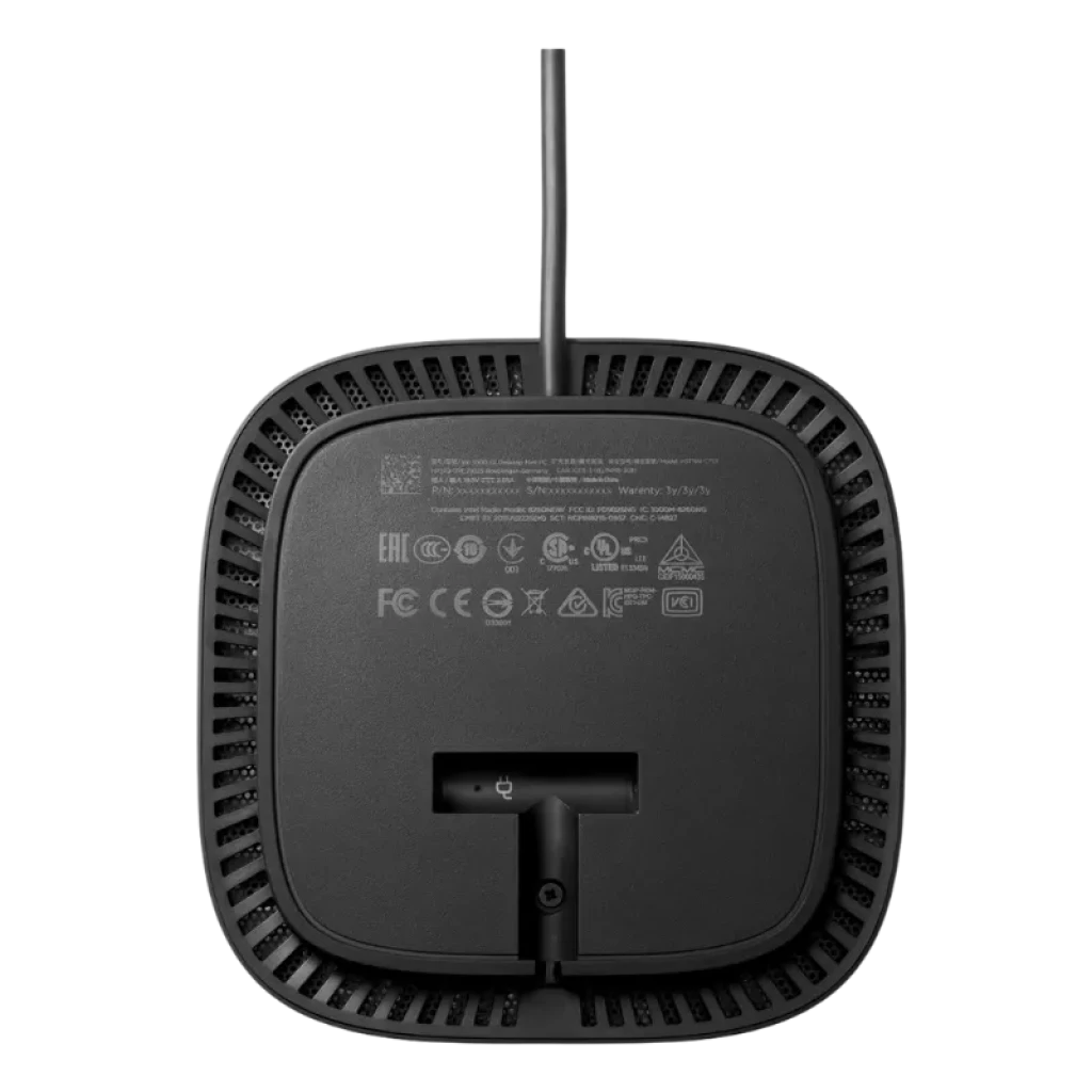 Socle HP USB-C G5 noir, forme carrée avec grilles d'aération sur le pourtour, câble USB-C fixe sur le dessus, icône USB-C à l'avant et ports latéraux dissimulés