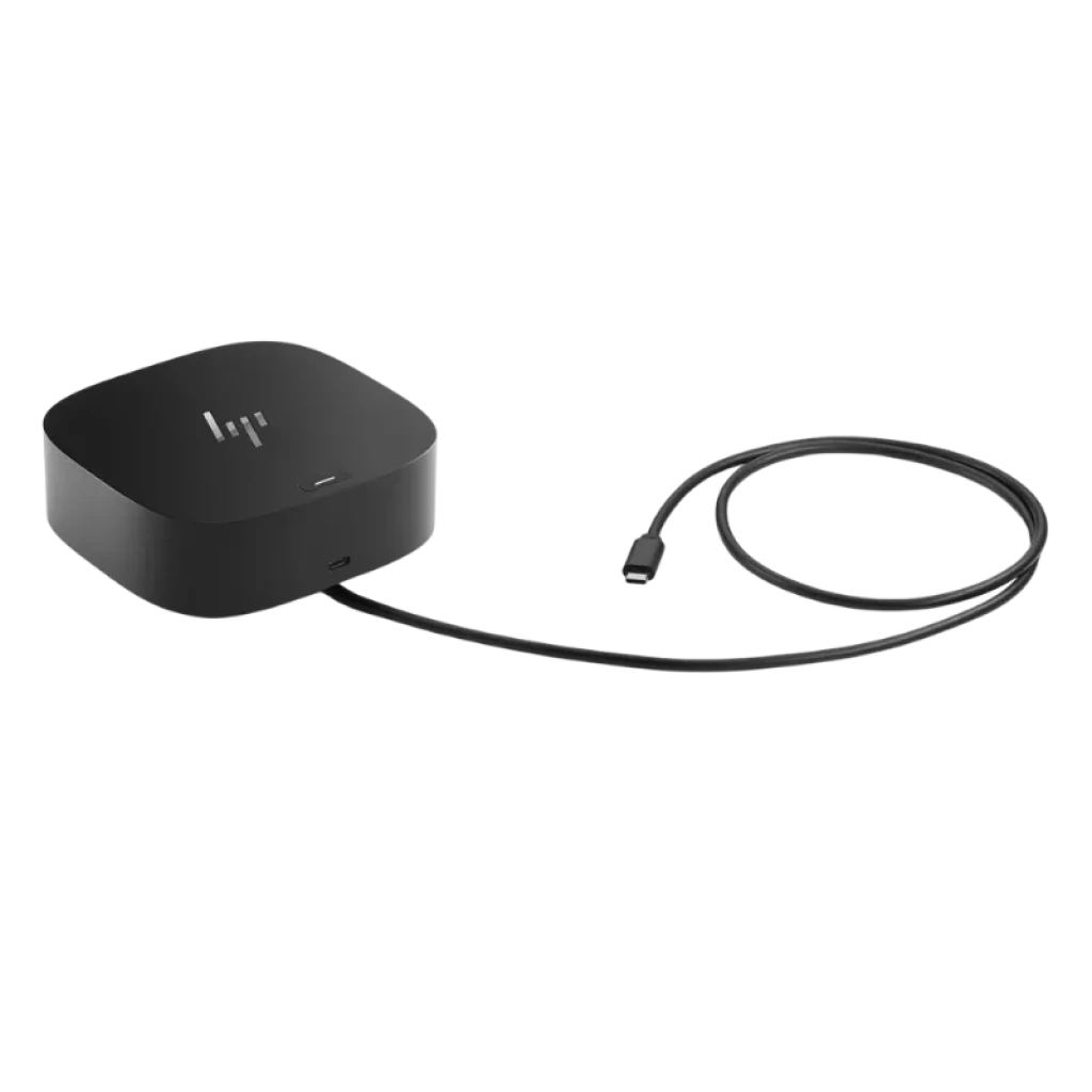 Station d'accueil USB-C G5 compacte HP en noir avec câble USB-C intégré ; boîtier carré avec logo HP et port frontal, conception portable pour connecter USB, HDMI, RJ45