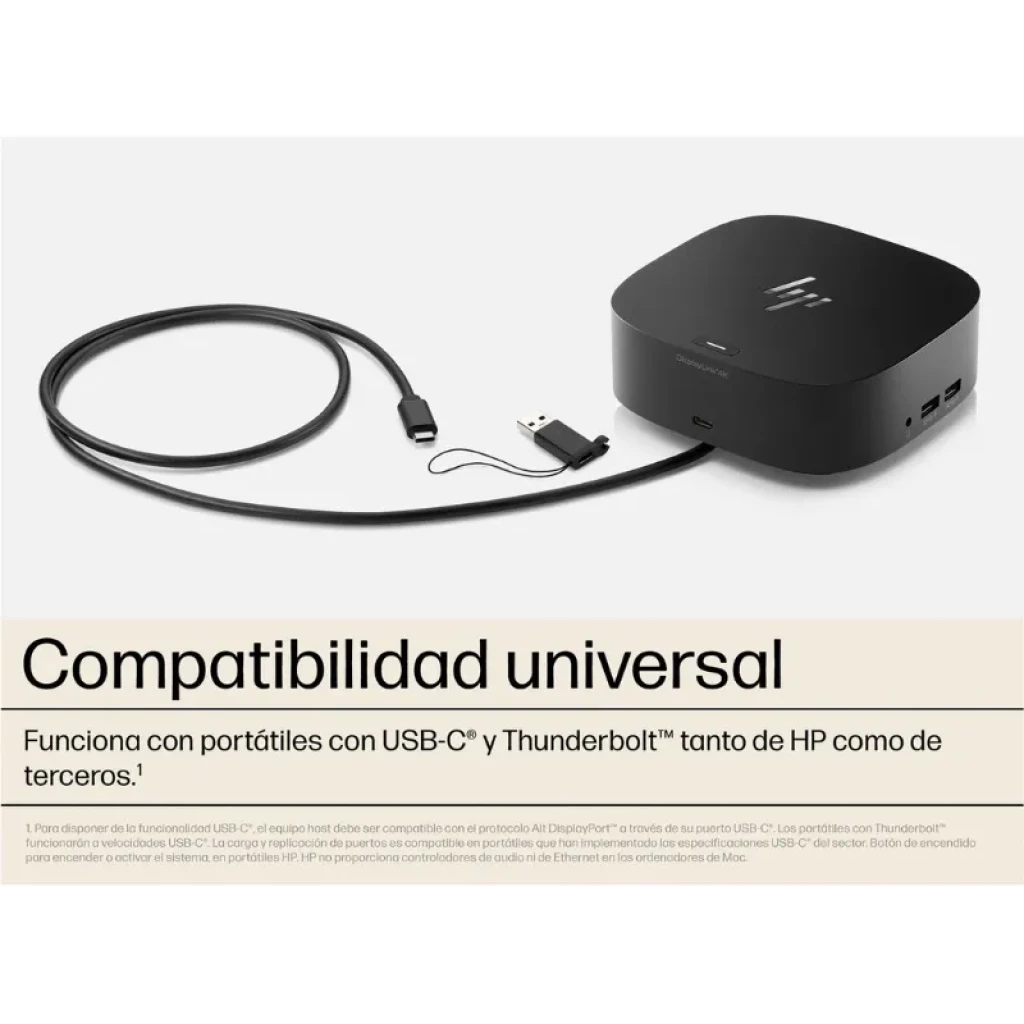 Hub portable HP Base USB-C G5 noir, compact, avec câble USB-C intégré et ports visibles : USB-A latéraux, HDMI, RJ45 et prise jack 3,5 mm. Logo HP sur le dessus