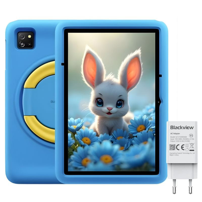 Tablet infantil azul 10,1" con funda protectora y aro trasero giratorio, pantalla con borde grueso; incluye cargador Blackview y cámara trasera doble.