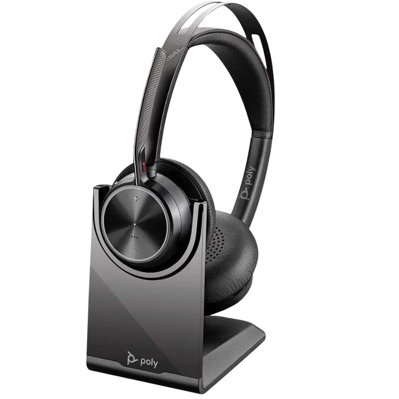 PolyVoyager Focus 2 - Auriculares inalámbricos con adaptador USB-C + Soporte de carga