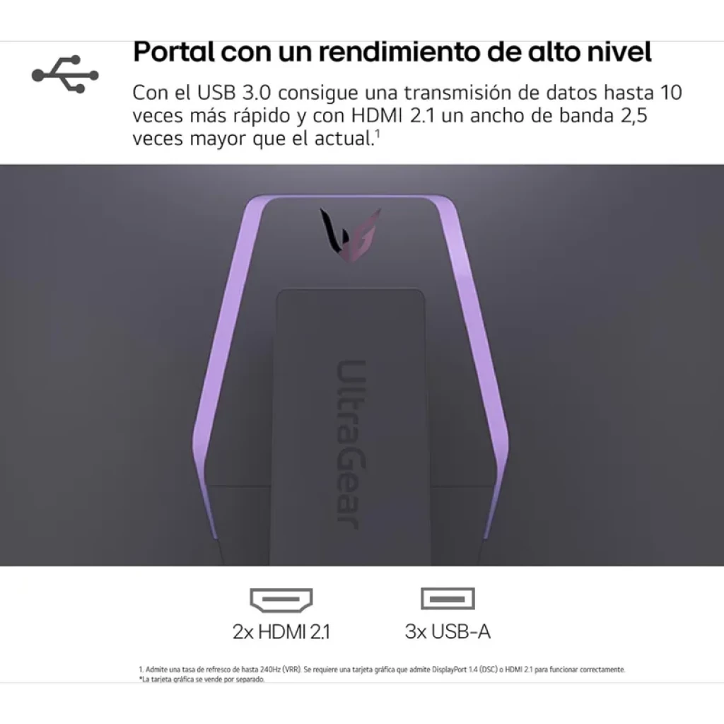 Parte trasera del monitor curvo LG 32GS95UV-B con iluminación violeta, logo UltraGear centrado, puertos 2x HDMI 2.1 y 3x USB-A visibles
