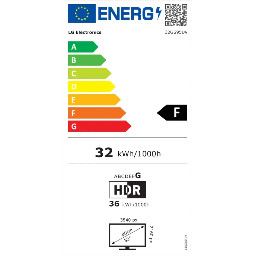 Etiqueta energética LG 32GS95UV-B: clase F, consumo 32 kWh/1000h, HDR 36 kWh/1000h, 4K 3840x2160, iconos de eficiencia y tamaño 32 pulgadas