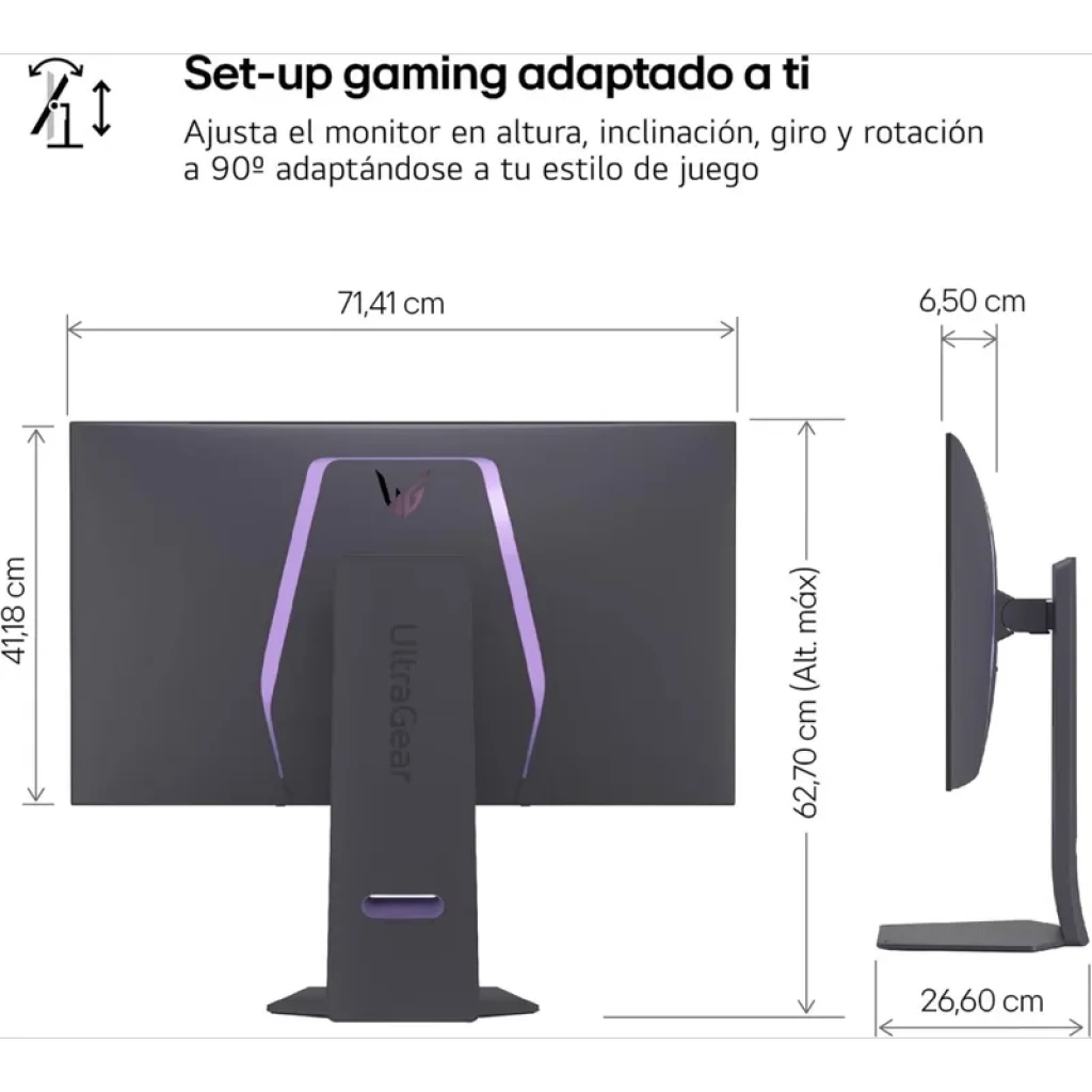 LG 32GS95UV-B monitor curvo OLED 32 pulgadas 4K con bisel fino, altura, inclinación y giro ajustables, rotación 90°, diseño negro con iluminación trasera