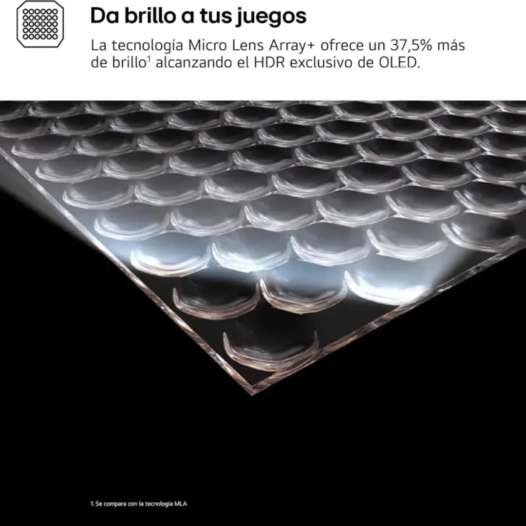 Panel OLED con tecnología Micro Lens Array+ que incrementa el brillo 37,5 %, mostrando superficie curva con celdas hexagonales y efecto HDR destacado