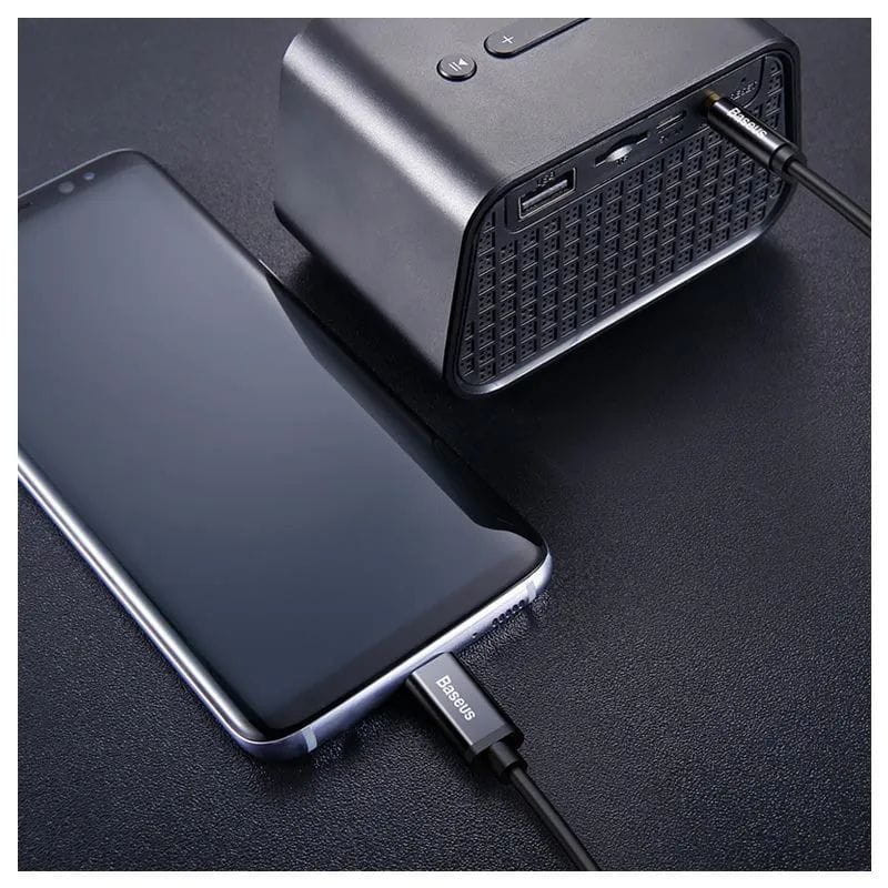 Baseus Yiven - Cable de audio USB Tipo C a Mini Jack 3,5mm imagen conectando un altavoz y un móvil