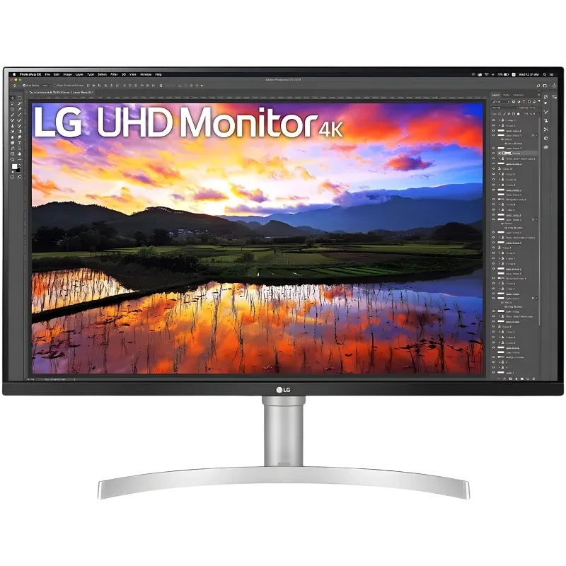 LG 32UN650K-W monitor 32 pulgadas 4K UHD con panel IPS, biseles finos, peana plateada en forma de arco y acabado frontal negro con logo LG central