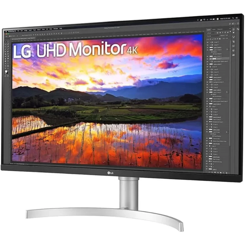 Monitor LG 32UN650K-W de 32 pulgadas, panel IPS 4K UHD, marco delgado negro, soporte curvo plateado, ideal para edición y detalle nítido en pantalla