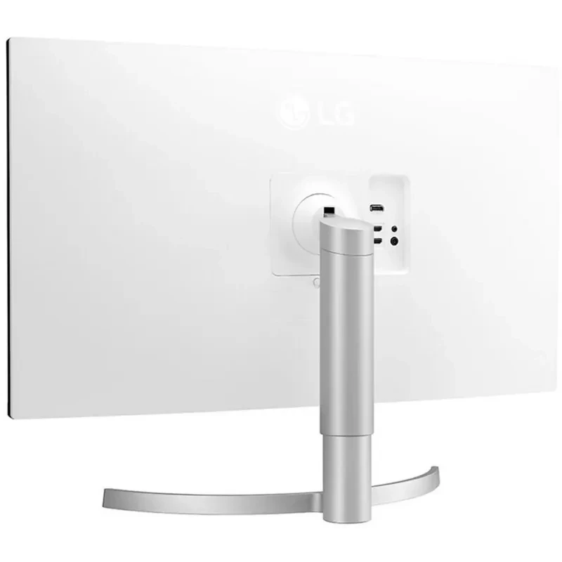 Parte trasera de monitor LG 32UN650K-W blanco 32 pulgadas con soporte metálico en arco, puerto HDMI y controles accesibles, acabado minimalista y limpio