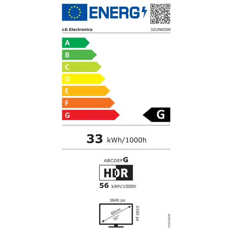 Etiqueta energética del monitor LG 32UN650K-W 32 pulgadas 4K IPS blanco; clase G, consumo 33 kWh por 1000 h, HDR, resolución 3840 x 2160 píxeles