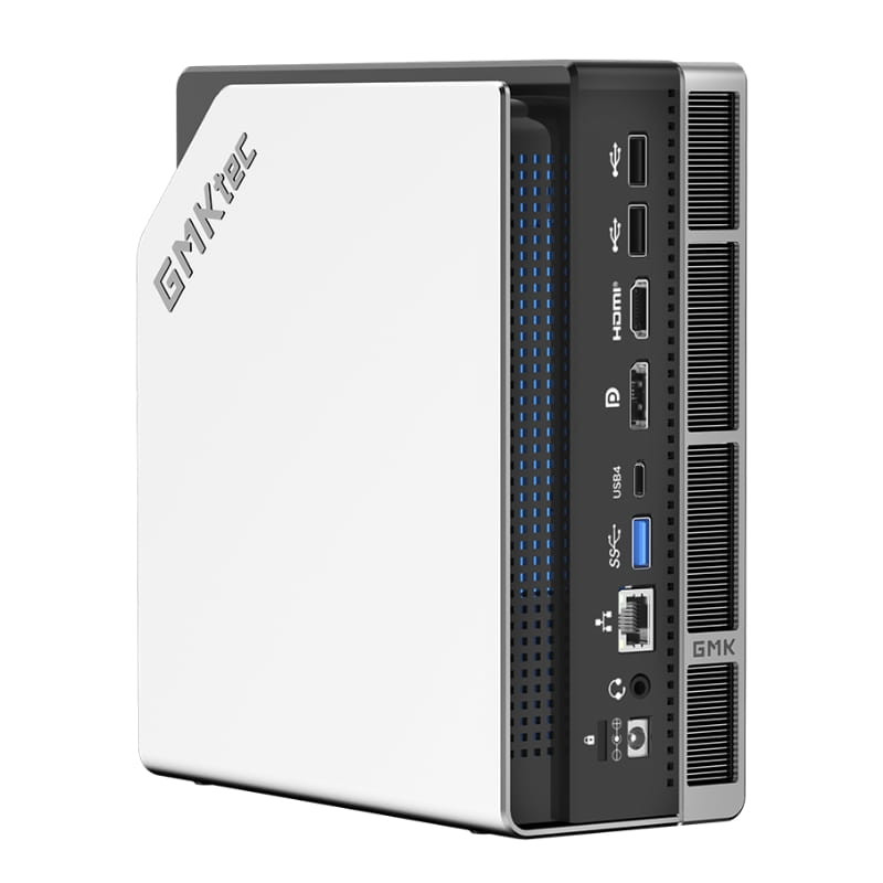 GMKtec EVO-X2 mini PC blanco con panel lateral ventilado, puertos frontales USB-C, USB 3.0, HDMI, DP, Ethernet y ranuras de ventilación verticales