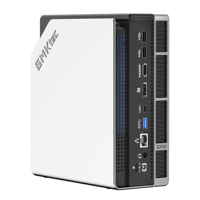 GMKtec EVO-X2 mini PC blanco con panel lateral ventilado, puertos frontales USB-C, USB 3.0, HDMI, DP, Ethernet y ranuras de ventilación verticales