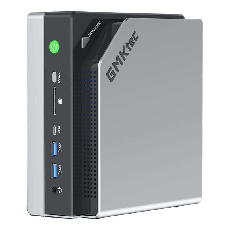 GMKtec EVO-X2 mini PC gris con chasis metálico, botón de encendido frontal, lector microSD, 2 puertos USB 3.0, jack de audio y rejillas de ventilación