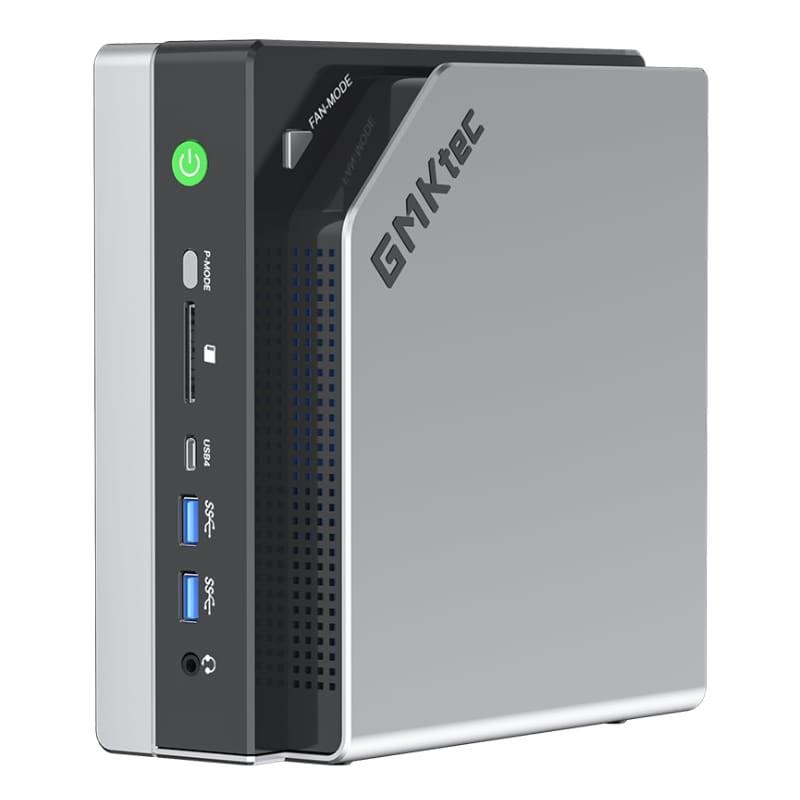GMKtec EVO-X2 mini PC gris con chasis metálico, botón de encendido frontal, lector microSD, 2 puertos USB 3.0, jack de audio y rejillas de ventilación