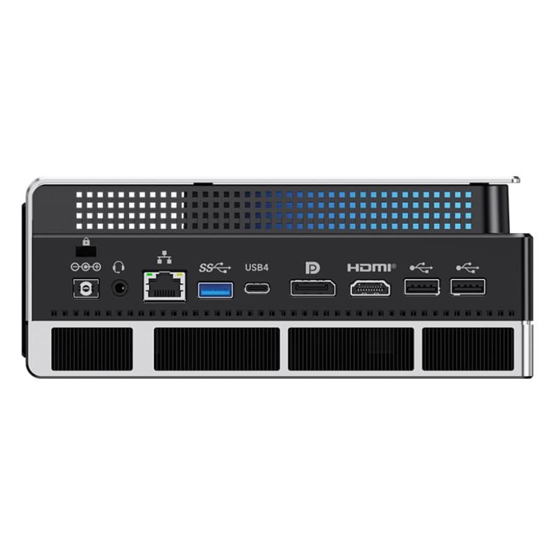 GMKtec EVO-X2 Mini PC con puertos USB4, USB 3.0, HDMI, DisplayPort, Ethernet y audio; rejillas de ventilación amplias y diseño compacto en negro y plata