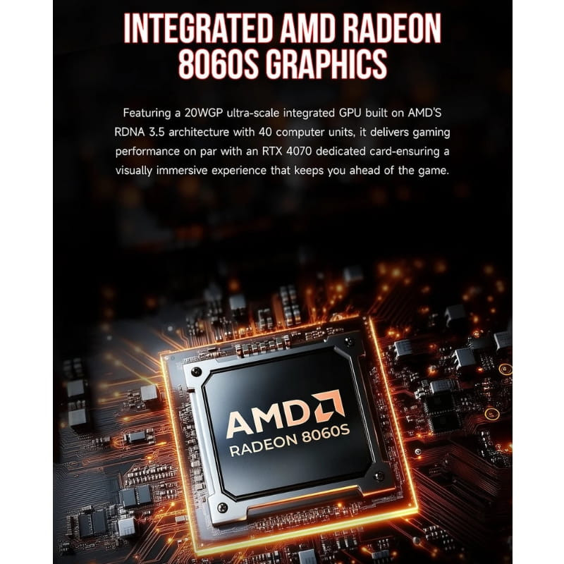 GMKtec EVO-X2 Mini PC con chip AMD Radeon 8060S integrado, diseño futurista con circuito iluminado en naranja y negro, enfoque en potencia gráfica RDNA 3.5