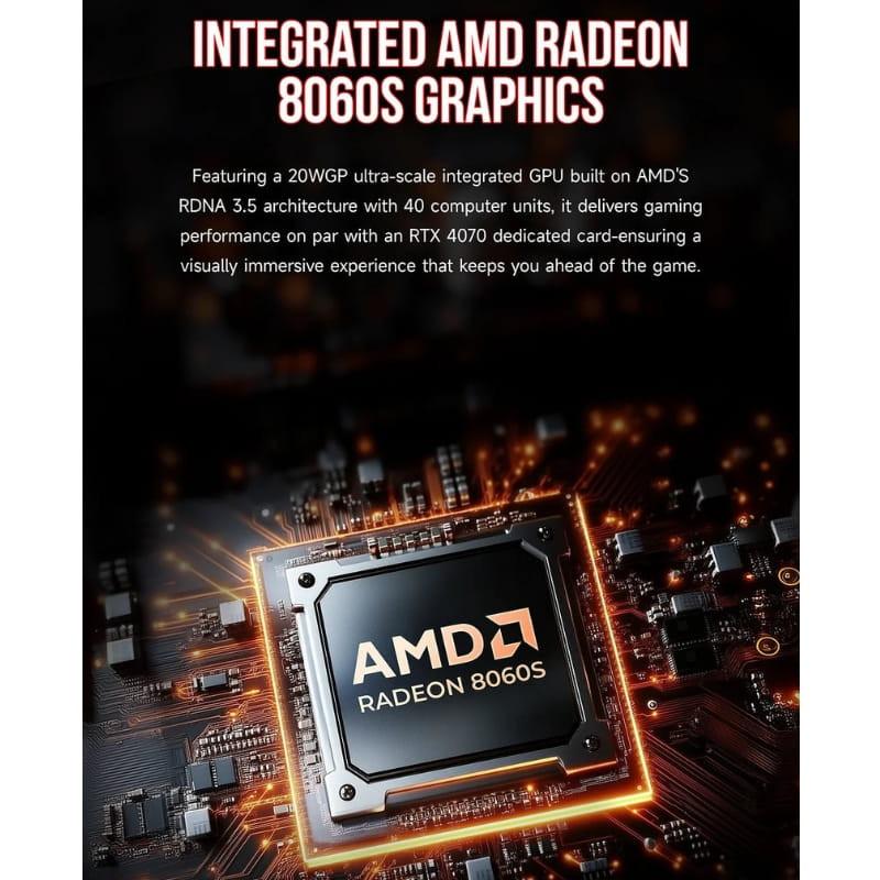 GMKtec EVO-X2 Mini PC con chip AMD Radeon 8060S integrado, diseño futurista con circuito iluminado en naranja y negro, enfoque en potencia gráfica RDNA 3.5