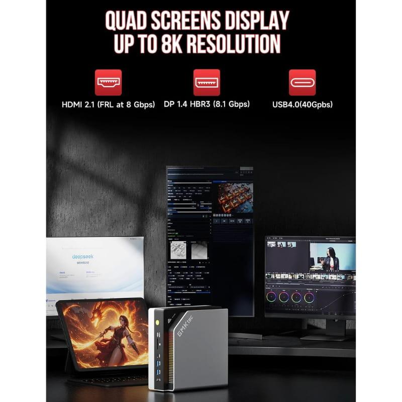 GMKtec EVO-X2 mini PC gris con logo lateral y luces LED azules frontales, puertos visibles, soporte de 4 pantallas hasta 8K vía HDMI 2.1, DP 1.4 y USB4