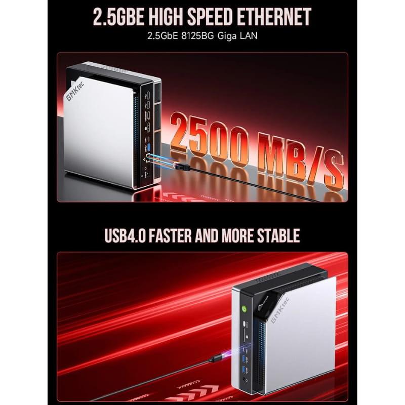 Mini PC GMKtec EVO-X2 plateado con bordes negros, puertos frontales USB y audio, Ethernet 2.5GbE hasta 2500 MB/s y USB4.0 rápido y estable