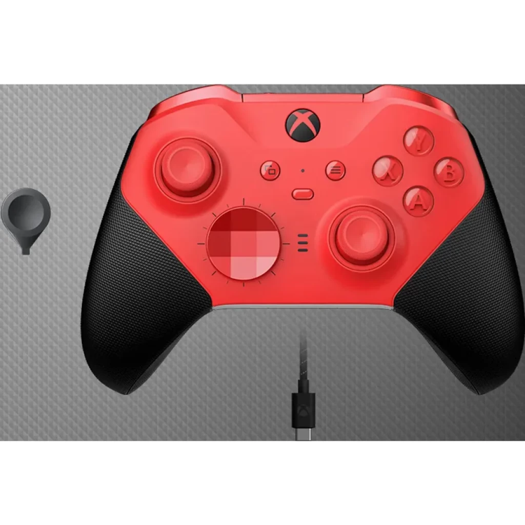 Gamepad Microsoft Xbox Elite Series 2 Core en rojo y negro, frontal rojo mate, agarres texturizados, cruz direccional cóncava y botones ABXY rojos