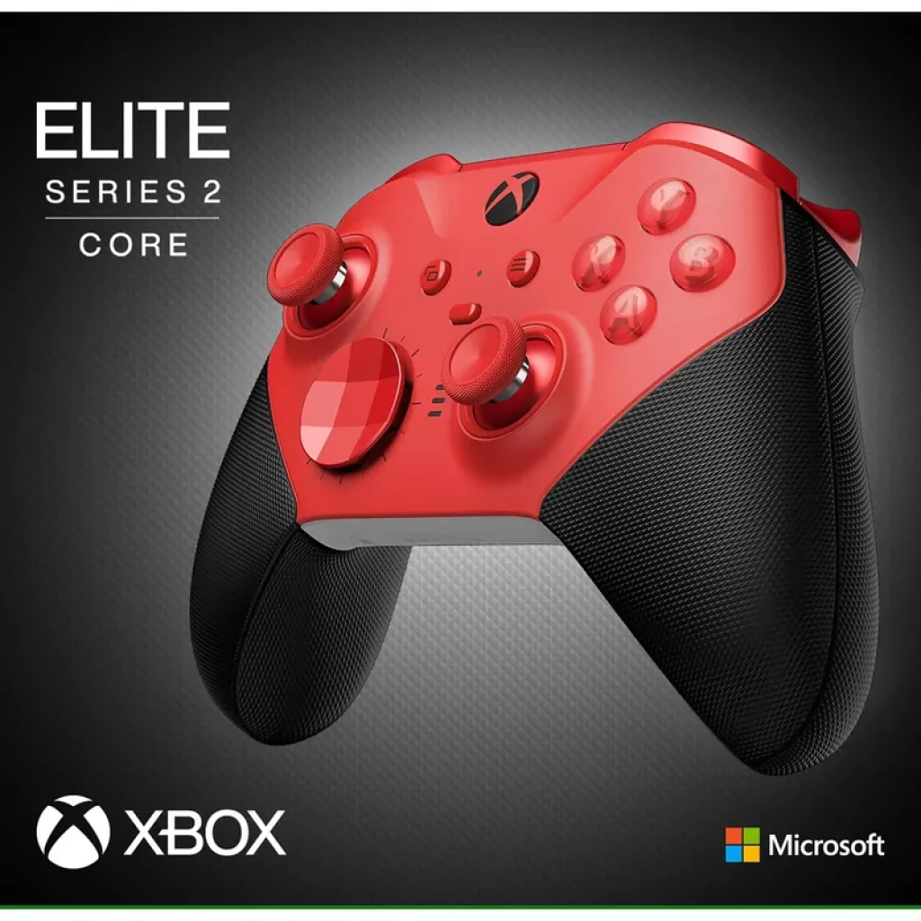 Gamepad Microsoft Xbox Elite Series 2 Core rojo y negro, joysticks y botones rojos, agarres texturizados negros, diseño premium compatible con Xbox y PC