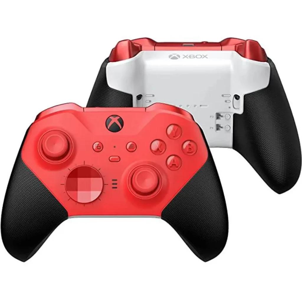 Gamepad Xbox Elite Series 2 Core en rojo y negro con agarres texturizados, cruceta roja metálica y botones rojos; carcasa trasera blanca con acentos rojos