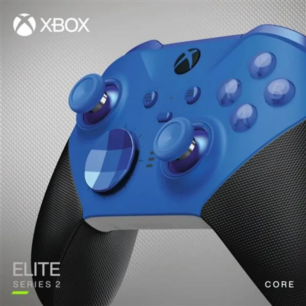 Gamepad Xbox Elite Series 2 Core negro y azul con joysticks texturizados, cruceta metálica y agarres antideslizantes; compatible con Xbox y PC via Bluetooth y