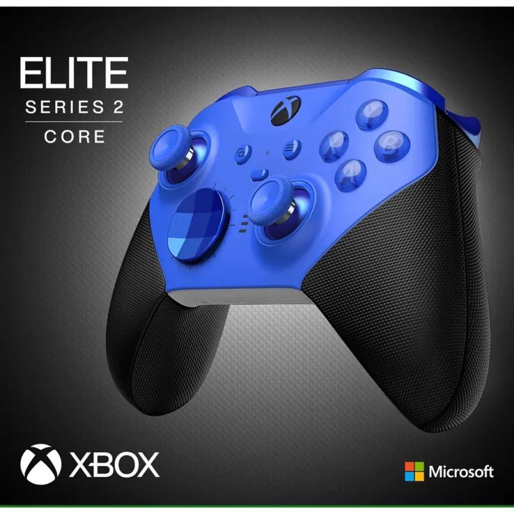 Gamepad Xbox Elite Series 2 Core en azul y negro, agarres texturizados, sticks y cruceta azules, botones frontales brillantes, diseño ergonómico premium
