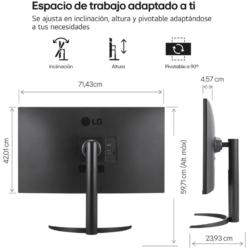 Moniteur LG 32UR55OK-B 31,5 pouces 4K UHD, dalle LCD, support réglable en inclinaison, hauteur et pivot 90°, FreeSync, bords fins, design noir élégant