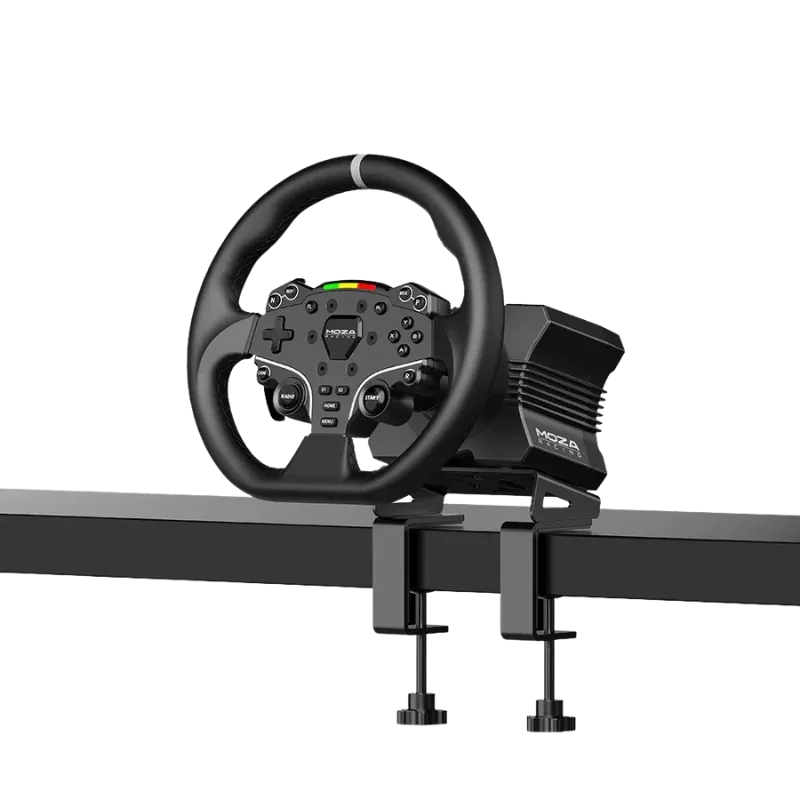 Moza R5 Racing Bundle PC com volante de simulação em base direta 5 nm, aro revestido, botões e paddles metálicos; montagem firme com braçadeiras