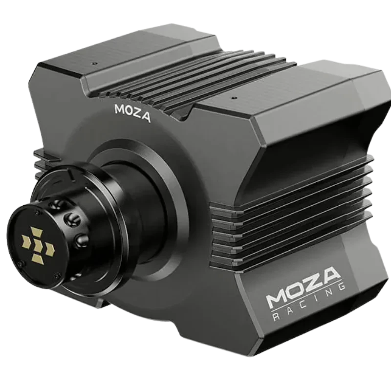 Moza R5 Racing Bundle PC – base de direção direta 5 Nm em alumínio, compacta e robusta, acabamento preto fosco com dissipadores e hub de conexão frontal