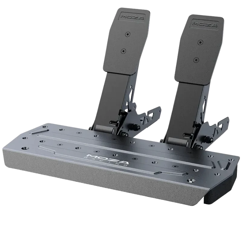 Pedais Moza R5 Racing Bundle PC em metal, dois pedais ajustáveis com base robusta e acabamento premium para simulação de corrida