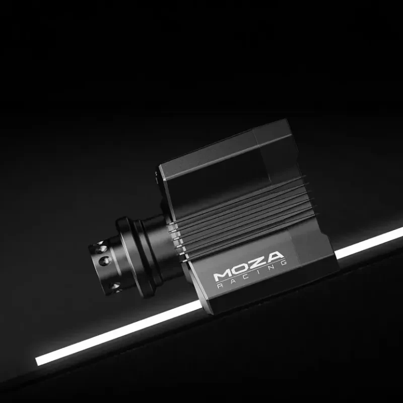 Moza R5 Racing Bundle PC - Base de volante em alumínio preto com detalhe MOZA, design compacto e linhas angulares, ideal para force feedback de 5 Nm
