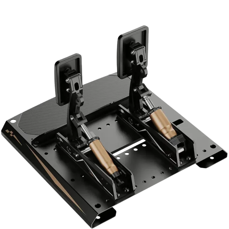 Moza Racing CRP2 Pedales acelerador y freno en base metálica negra, resortes ajustables y cilindros dorados, placas antideslizantes y montaje robusto