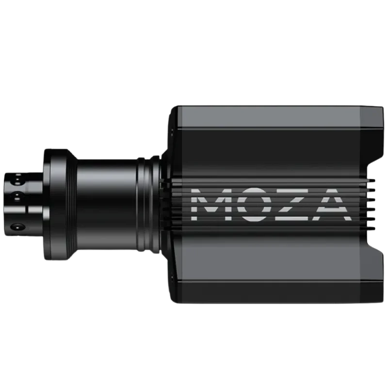 Base Moza Racing R9 V2 negra, cuerpo de aluminio con aletas de disipación, montaje lateral y eje de acople frontal para volante Direct Drive 9 Nm