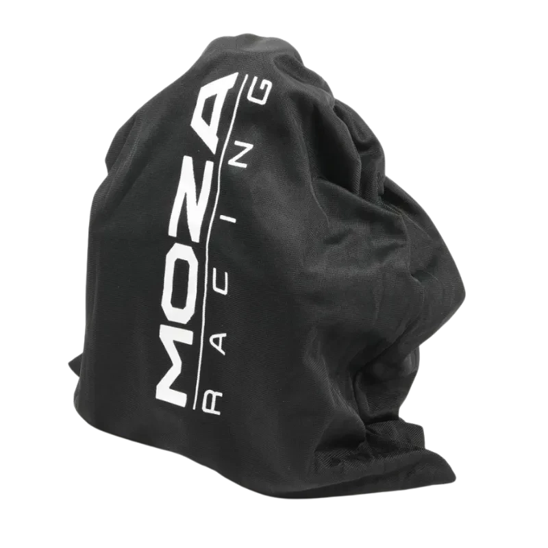 Funda protectora negra Moza Racing con logotipo blanco, diseño flexible tipo bolsa para cubrir y resguardar la base R9 V2 de volante Direct Drive 9 Nm