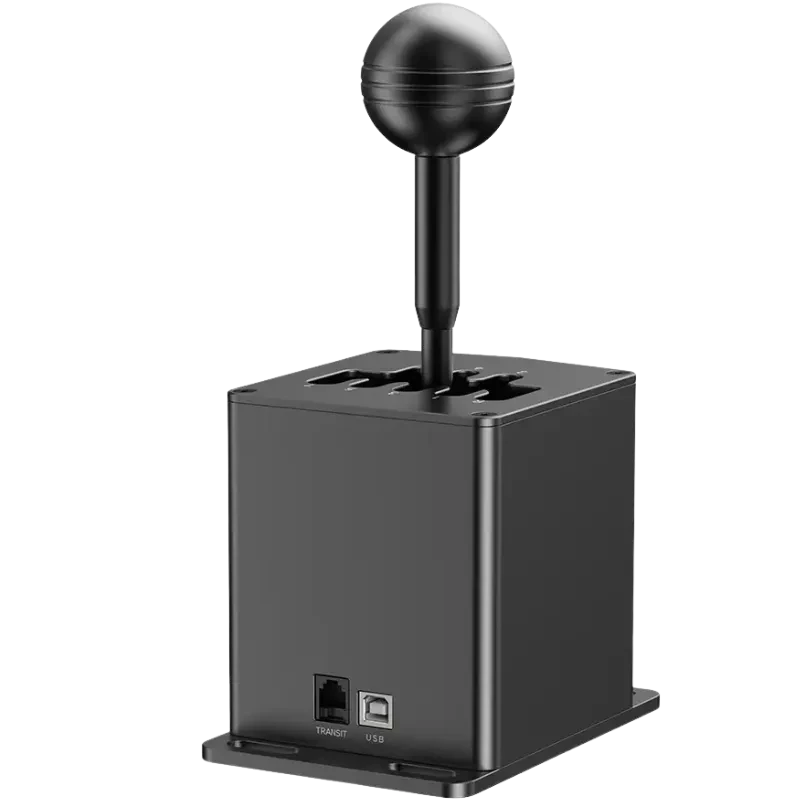 Moza Racing HGP Shifter – Levier de vitesses en H métallique noir, boîtier carré, pommeau rond, grille 7 rapports visible, ports USB et RJ sur la base