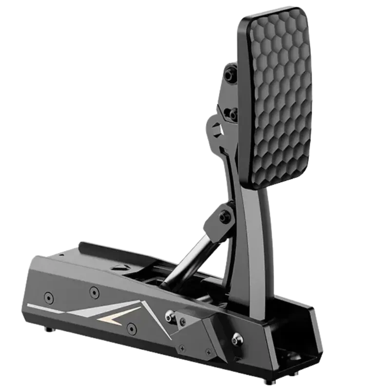 Moza Racing CRP2 pedal de embrague con célula de carga, acabado negro y dorado, pistón metálico visible, construcción robusta y detalles angulados elegantes
