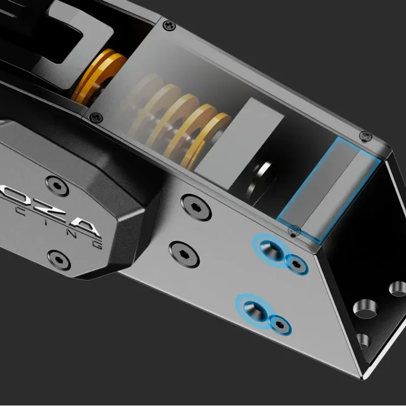 Moza Racing HBP Handbrake Noir USB Frein à main avec ressorts jaunes visibles, boîtier métal noir, visserie apparente et panneau supérieur transparent