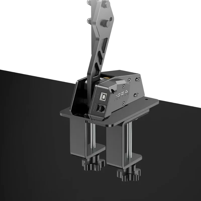 Moza Racing HBP Handbrake Noir USB Frein à main en métal noir, levier ajouré, montage sur pince double, ports USB visibles, visserie apparente, design