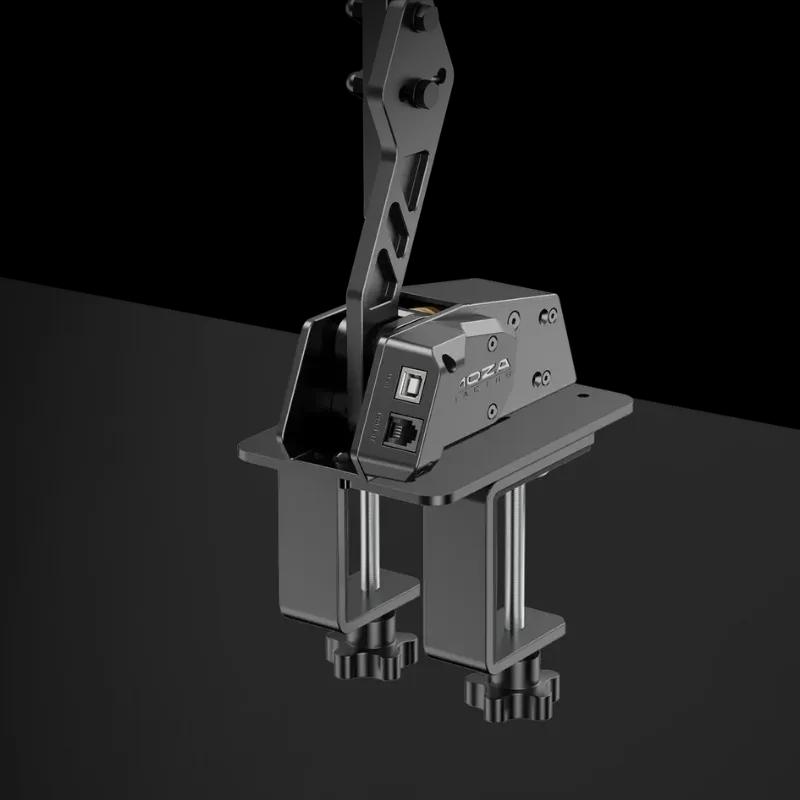 Moza Racing HBP Handbrake Noir USB Frein à main en métal noir, levier ajouré, montage sur pince double, ports USB visibles, visserie apparente, design