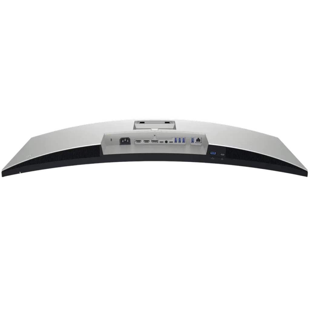 Parte trasera del monitor curvo DELL UltraSharp U3423WE con concentrador: HDMI, DisplayPort, USB-C con carga, Ethernet, USB-A y audio, acabado plateado