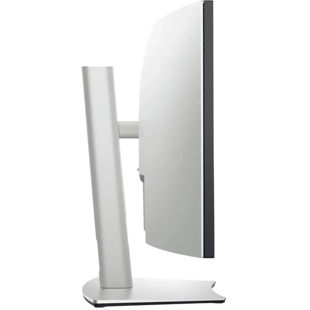 Monitor curvo Dell UltraSharp U3423WE de 34 pulgadas visto de perfil, diseño minimalista en plata, bisel delgado y soporte robusto ajustable